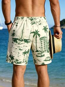 Shorts de playa con cordón ajustable en la cintura para hombres, bañadores de verano - Beis - Ver 2
