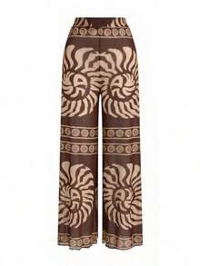 Swim Oasis Conjunto elegante de retro con estampado en espiral de un solo pieza de traje de baño coordinado con pantalón de pierna ancha, conjunto de vacaciones elegante para mujeres - Marrón Chocolate - Ver 5