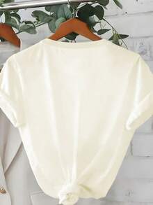 Cute White Plus Size Women's Short Sleeve Round Neck T-Shirt, Floral Print, High Elasticity Fabric, Fashionable Casual Wear Summer - Apricot - View 2
