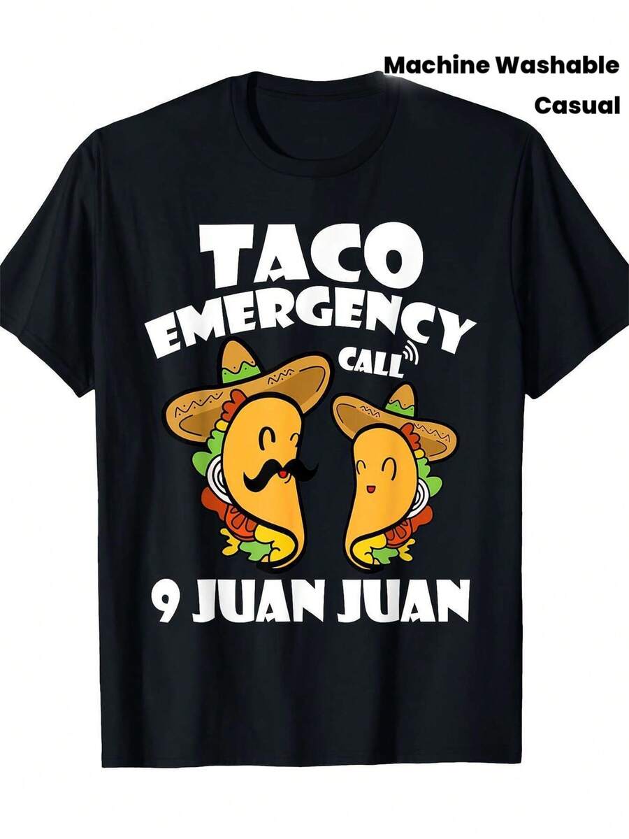 Limited Edition Taco Emergency Call 9 Juan Juan Cinco De Mayo T-Shirt, 100% Cotton, Sporty Style, Round Neck, Long Sleeves, Short Cut, Asymmetrical Hem, Solid Color, Regular Fit, Washable, Suitable For All Seasons - 220g Lightweight Cotton - 黑色 - 查看 1