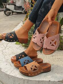 2026 Summer New Retro Distressed Faux Wood Grain Brown Thick Sole Casual Sandals, Rivet Decor Outdoor Fashion Platform Wedge Slippers, Matte Comfortable High Heel Slides For Daily, Vacation Wear - Brown Frosted - Geometric Cutout - View 10