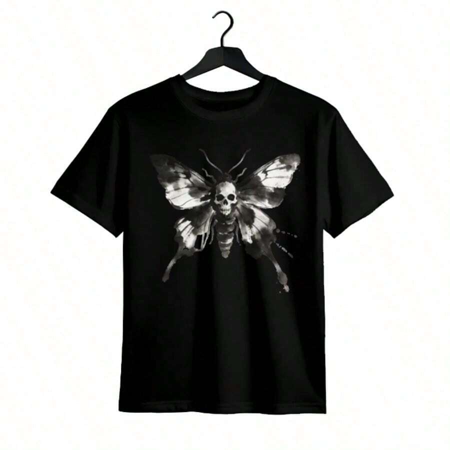 Tops para mujer Casual de Manga Corta para Mujer WXM% Algodón (Estampado de Calavera y Mariposa en Blanco y Negro) - s Estampadas / Tops para Mujer - Casual Negra: Estilo Urbano y Lista para Fiestas - Adecuada para Uso Diario; Manga corta, cuello redondo, corte regular - El regalo perfecto para cumpleaños o días festivos - Negro - Ver 1