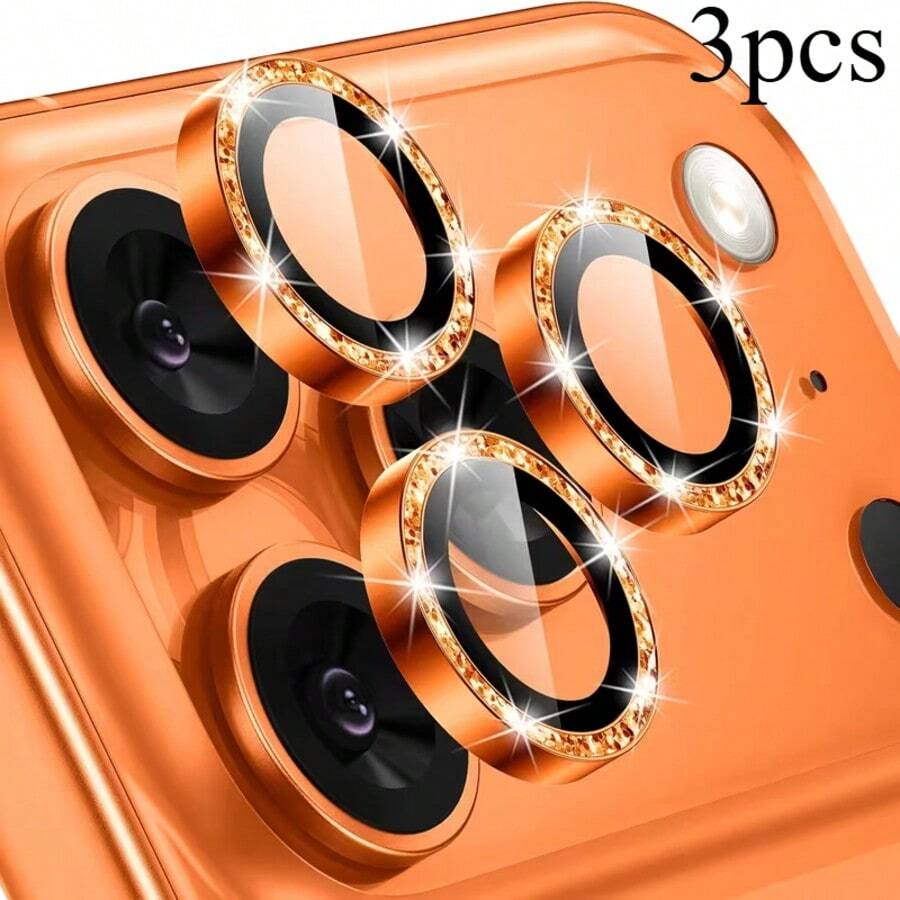 3 set med glänsande skyddsfilm för telefonlinser, för iPhone 14/15/16/17 Pro/Pro Max/16Plus, HD transparent glas, repfri glitterpulverfilm, med fullständigt skydd mot fall, enkel att installera, lämplig för att ge bort presenter
