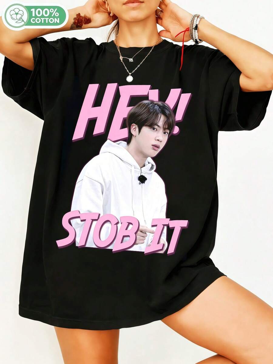 Btss Jinnee Hey Stob It Meme Graphic Cotton T-Shirt, Cute Idol Bootleg Print T-Shirt, Casual Streetwear Unisex Short Sleeve, Jinnee ARMY Fan Merch, Y2K Aesthetic Top, Soft Cotton For Everyday Wear. - Black - View 1