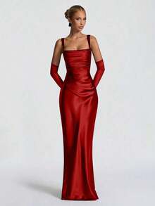 Vestidos elegantes Glamrae - Vestido de satén elegante con cintura ajustada y cordones, vestido largo para fiesta de Halloween, vestido formal de cóctel para banquete, vestido de fiesta de Navidad, vestido de boda de San Valentín, Vestidos Elitara - Rojo - Ver 1