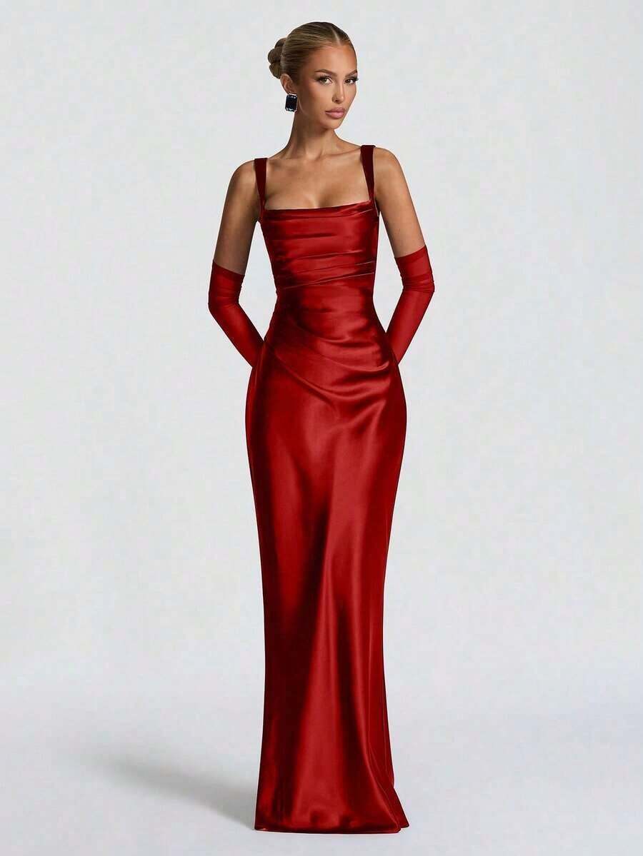 Vestidos elegantes Glamrae - Vestido de satén elegante con cintura ajustada y cordones, vestido largo para fiesta de Halloween, vestido formal de cóctel para banquete, vestido de fiesta de Navidad, vestido de boda de San Valentín, Vestidos Elitara - Rojo - Ver 1