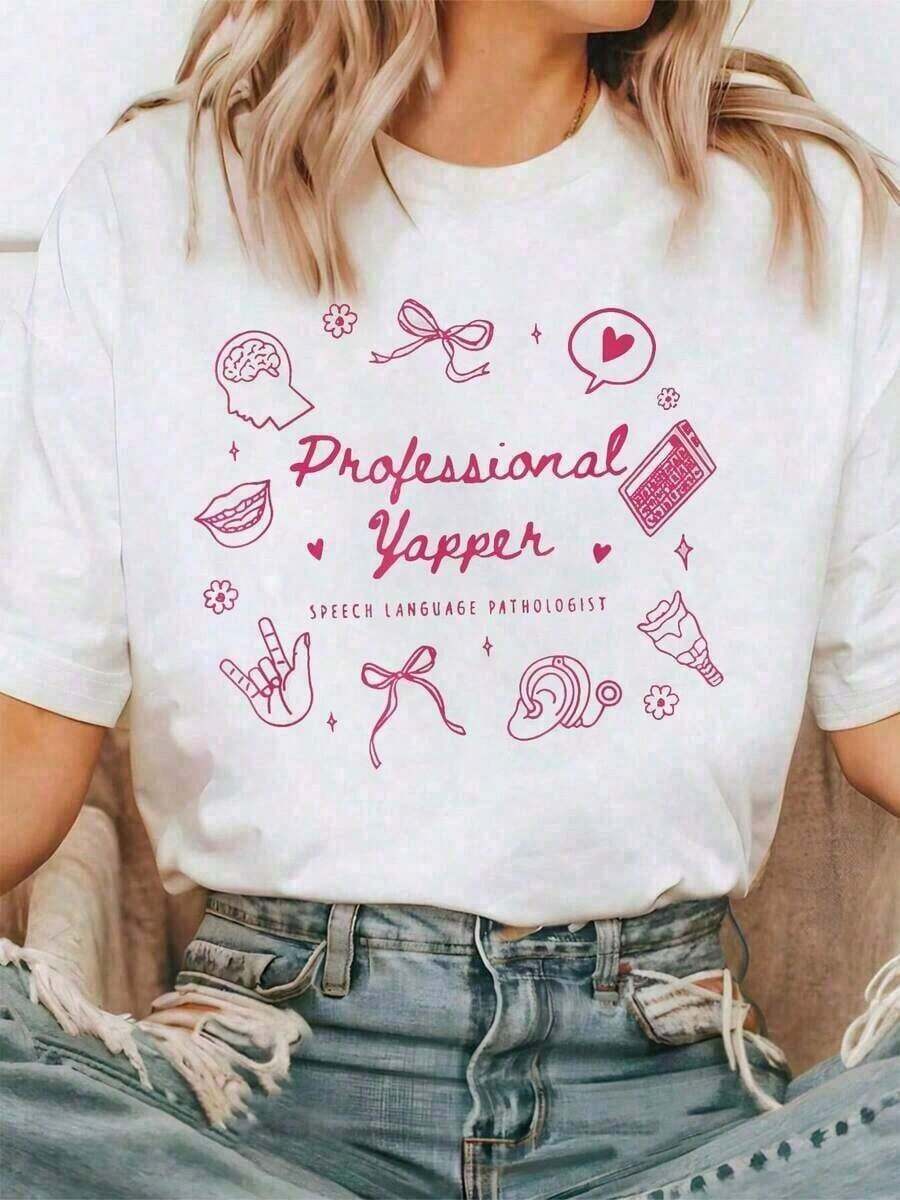 Women's Casual Clothing, Professional Cotton T-Shirt With Fun Speech Therapist Print, Comfortable, Bohemian Style, Women's Blouses, Shirt. - 白色 - 查看 1