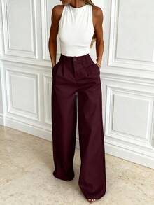 Pantalones anchos de primavera casuales para mujer , estilo de pierna recta holgada, diseño de cintura único de unicolor, adecuados para la oficina y el uso diario, versátiles y favorecedores - Burdeos - Ver 2