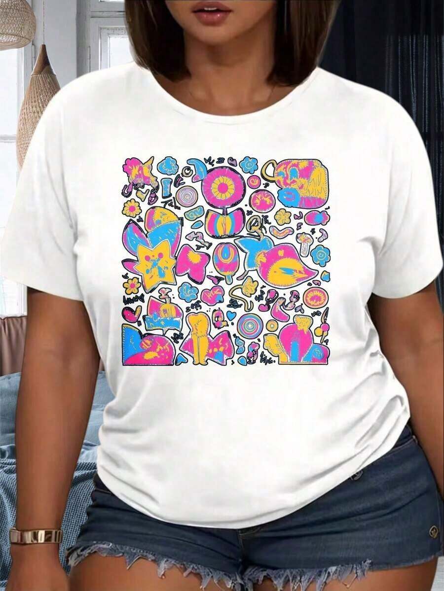 1 Piece Women's Colorful Abstract Print T-Shirt, Fashionable Casual Top, Summer Style, Vibrant Design, Unisex Artistic T-Shirt, Party Clothes, 220g, 100% Cotton, Women's Warm Clothing - 白色 - 查看 1