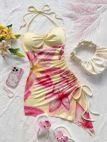 Vestido ceñido con estampado floral romántico de color rosa sobre base blanca, con dobladillo asimétrico, cuello halter y lazo, para vacaciones, playa, estilo occidental, festivales, verano, estilo bohemio - Vestidos de verano para mujer - Rosa - Ver 4