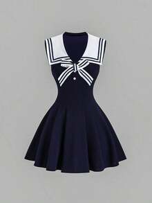 Vestido ajustado de estilo marinero vintage para mujer, elegante y versátil para la escuela, vacaciones, uso casual, azul, primavera/verano - Azul - Ver 12