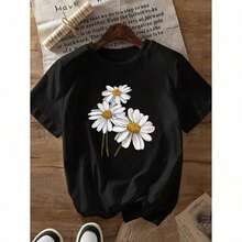 Modern, Casual Women's T-Shirt, Perfect For Parties And Lounging At Home. 100% Cotton, Relaxed Fit. Vintage Women's T-Shirt With Black Daisy Graphic Print, 100% Cotton - Relaxed Fit, Crew Neck, Short Sleeves, Casual Style, Breathable And Machine Washable For Everyday Spring/Summer Wear. Women's T-Shirts, Comfortable Everyday T-Shirt, Relaxed Fit, Comfortable Fabric, Spring Clothing, Simple Design, Lightweight T-Shirt, Printed T-Shirt, Fashionable Spring Clothes - 黑色 - 查看 7