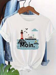 Women's Modern, Casual T-Shirt, Perfect For Parties And Lounging At Home. 100% Cotton, Loose Fit. 1pc. Marine Style Greeting Print Women's Short Sleeve Crew Neck Casual T-Shirt, Spring And Summer, Coastal Leisure, Daily Leisure, Outings. 100% Cotton - 白色的 - 查看 7