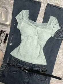 Blusa de encaje de unicolor elegante para mujer, de verano - Verde - Ver 3