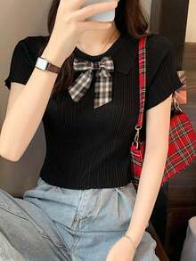 Women's Blouse Short Sleeve Knit T-Shirt With Wrist Collar And Tie Korean Style Summer Women's Cropped, Abdominal-Breasted, Elastic Ice Fiber - 黑色 - 查看 5
