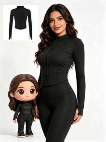Las mujeres de peso ligero completo de la chaquede la pista de la pista de carrera de la cremallera del ejercicio del ejercicio delgado ajuste Sportwear del Yoga - Negro - Ver 2