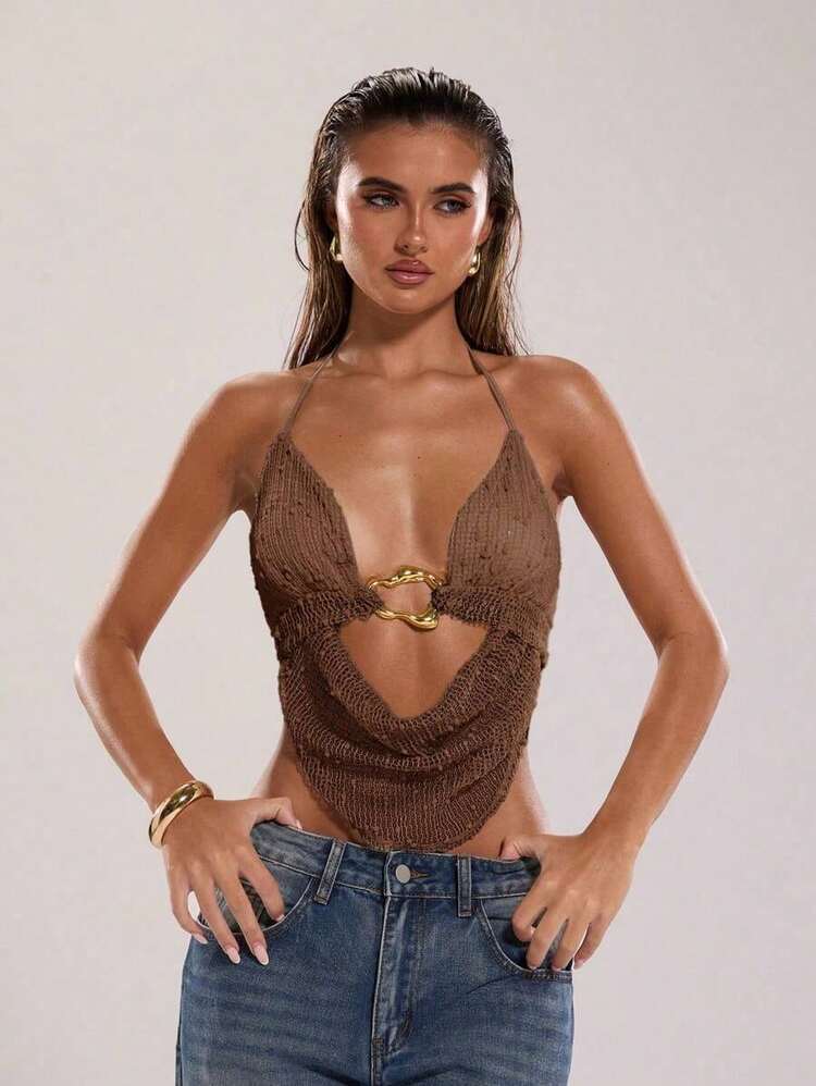 Top sin espalda con halter bordado de encaje y cuentas, apropiado para vacaciones en la playa - Marrón - Añade 5