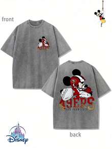 Men's Disney Washed Football Mickey Tee, Sporty Retro Print, Loose Fit, Premium Cotton. - 灰色 - 查看 1