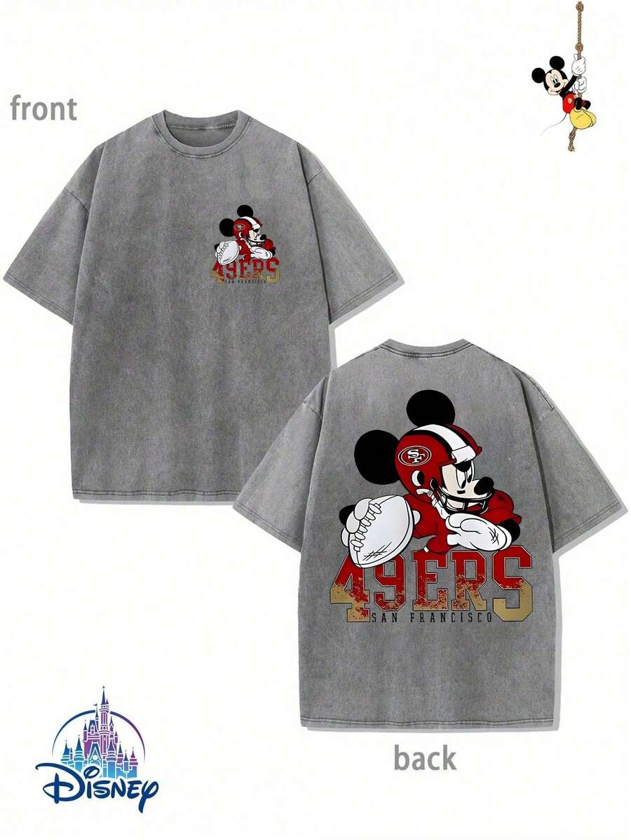 Men's Disney Washed Football Mickey Tee, Sporty Retro Print, Loose Fit, Premium Cotton. - 灰色 - 查看 1