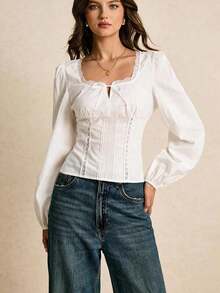 Blusa de manga larga con cuello cuadrado, decoración de lazo y encaje de contraste para mujer - Blanco - Ver 4