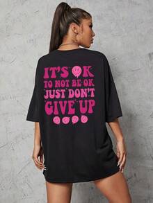 Camiseta Gráfica con Hombros Caídos, Diseño de Slogan y Expresión de Unidad, Camisetas Gráficas para Mujer, 100% Algodón - Negro - Ver 3