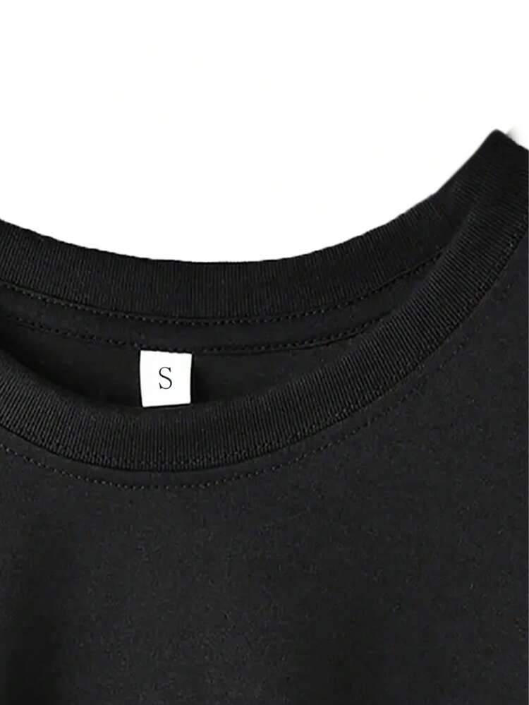 Short-Sleeved T-Shirt With Round Neck, 100% Cotton,  Print, Lightweight And Breathable Fabric, Casual Fashion Style, Suitable For Daily Life, Casual Outings And Dates In Spring, Summer And Autumn - 黑色 - 查看 4