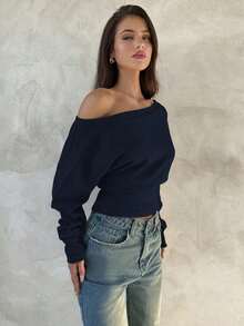 Top de manga larga asimétrico de hombro de punto de color albaricoque para mujer, otoño/invierno - Azul marino - Ver 4