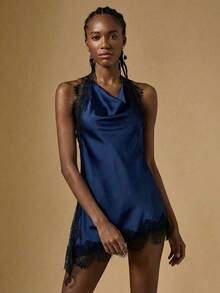Blusa de verano con escote halter, espalda descubierta y bajo asimétrico con encaje en contraste - Azul marino - Ver 4