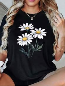 Fashionable Printed Crew Neck T-Shirt For Women - Casual Round Neck Top - Lightweight And Breathable T-Shirt For All Seasons - 黑色 - 查看 1