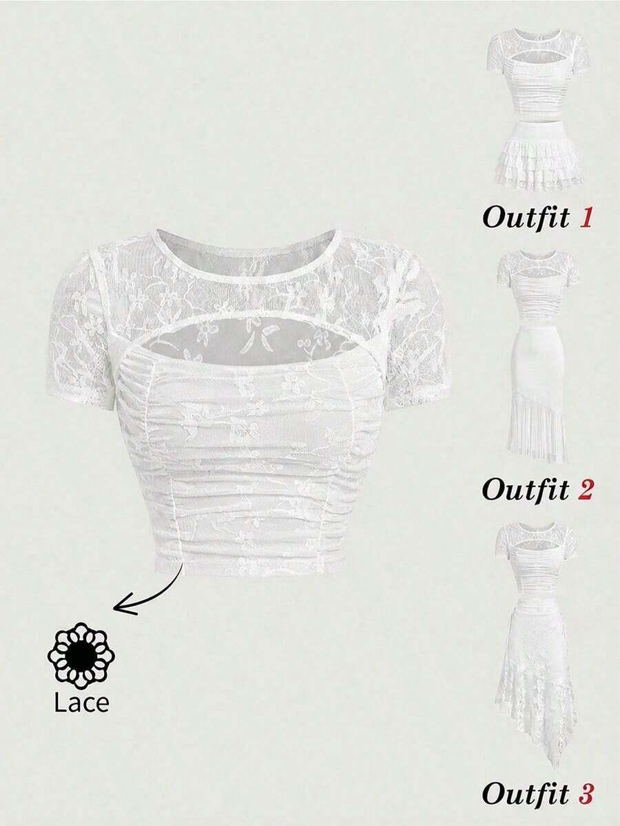 Camiseta casual de mujer con bordado de encaje transparente, adecuada para citas y viajes - Blanco - Ver 1