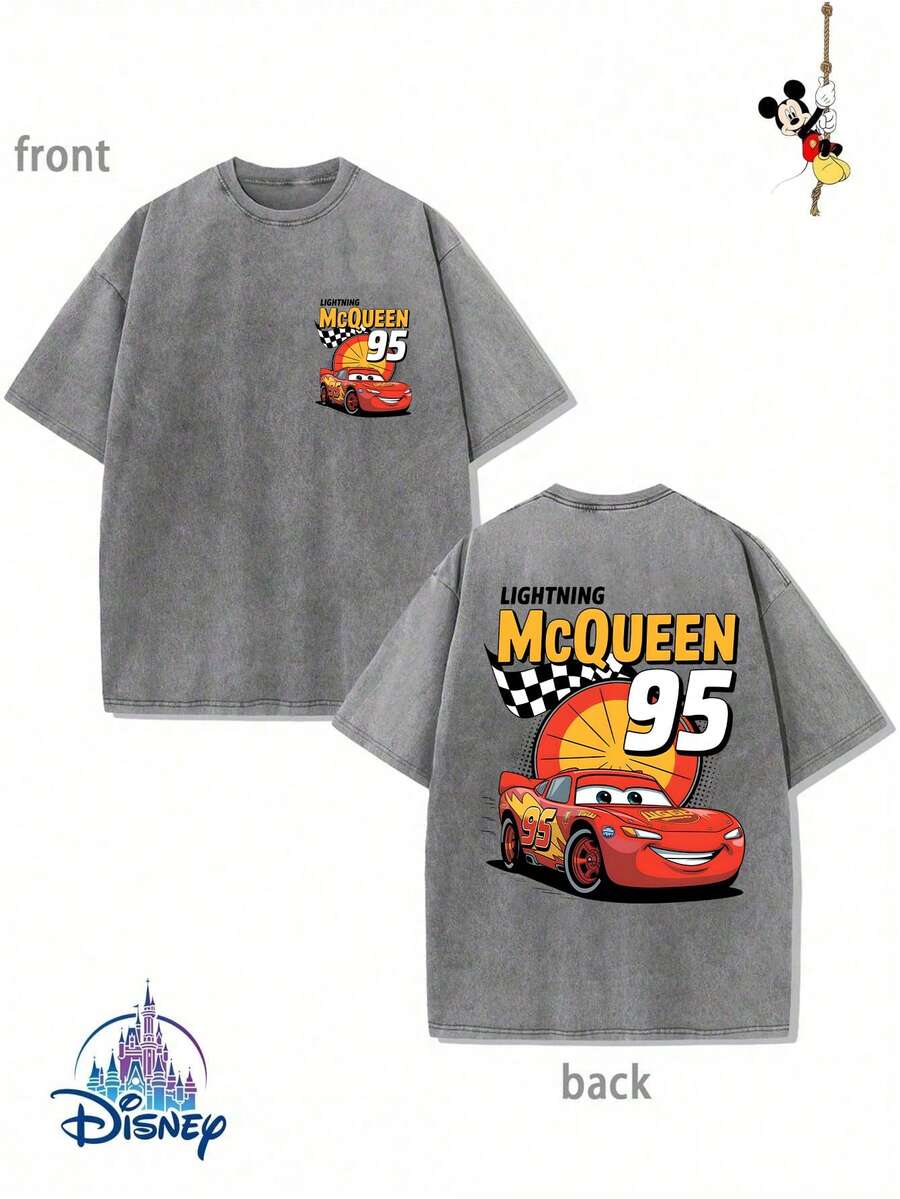 Men's Disney Washed Lightning McQueen 95 Tee, Dual Print, Retro Racing, Premium Cotton. - Grey - View 1