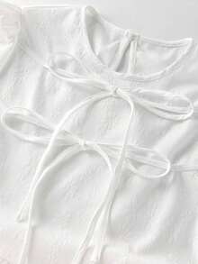 Blusa con volantes y mangas abullonadas con lazo en la parte delantera - Blanco - Ver 3