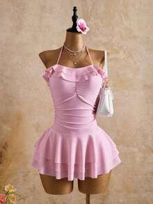 Bellisia 2026SS New Women's Swimwear Arrival For Holiday, Date, Western, Cruise, Beach, Island, Road Trip, All Seasons, Music Festival, Boho Vacation,Bohemian Vacation, Chill Autumn Boho Y2K Pleated Shorts, Elegant Vintage Casual Vintage Elegant Ruffled Pink Swimsuit Dress, Casual Beach Resort Swimwear For Women Cute Pink Dress Pink Club Dress Birthday Dress Sexy Summer Pink Tea Party Dress Pink Corset Dress Dress Bathing Suits Pink Dress Bathing Suit Cute Pink Swimsuit Pink Ruffled Swim Dress Halter Neck Swimwear Pink Layered Swim Skirt Pink Ruffled Swimwear Pink Swim Dress Birthday Dresses For Women Beautiful Dresses For Women Birthday Outfits For Women Women's Summer Outfits Ruffle Trim Dress - Burnt Orange - View 5