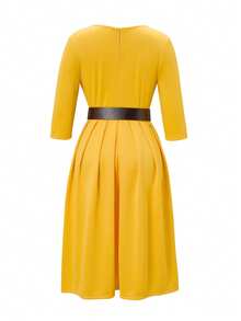 Women's Elegant Casual Vacation Elegant Party Date Office Commute Short Puff Sleeve Floral Decor Ruched Hem Split Midi Dress, Spring/Summer - Yellow - View 8