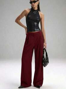 Pantalones casuales y versátiles de cintura alta con pierna ancha de unicolor - Burdeos - Ver 7