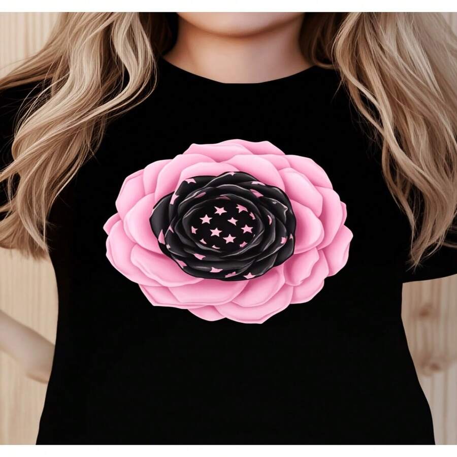 Women's Sexy Casual Cotton Black T-Shirt With Pink Rose And Star Print Round Neck Short Sleeve Top - 黑色 - 查看 1