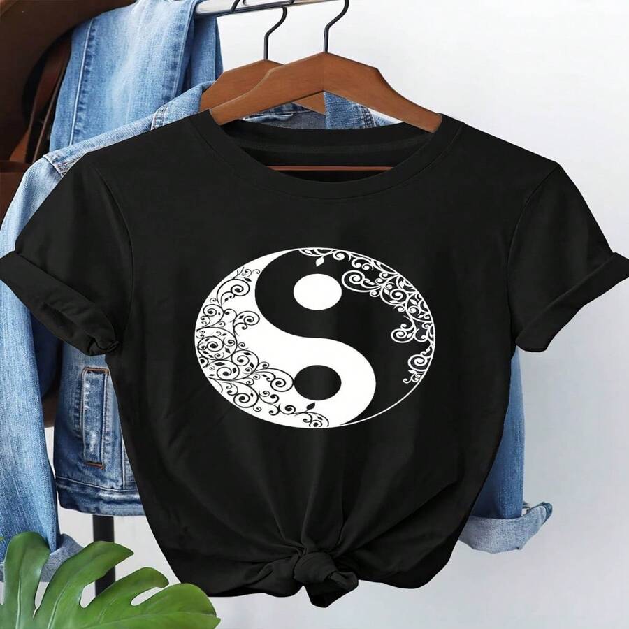 Womens Casual Cotton Short Sleeve Round Neck T-Shirt With Elegant Yin And Yang Graphic Print Regular Length High Stretch Top - 黑色 - 查看 1