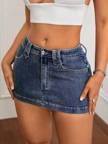 Falda corta de mezclilla azul lavada para mujer, estilo retro, informal y de talle alto, ideal para el día a día. - Azul - Ver 1