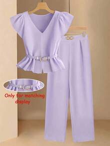 Conjunto informal de mujer con blusa de cuello en V plisada y pantalones de pierna ancha de unicolor - Morado - Ver 1