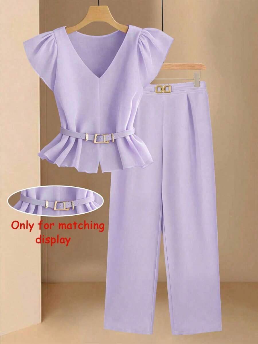 Conjunto informal de mujer con blusa de cuello en V plisada y pantalones de pierna ancha de unicolor - Morado - Ver 1