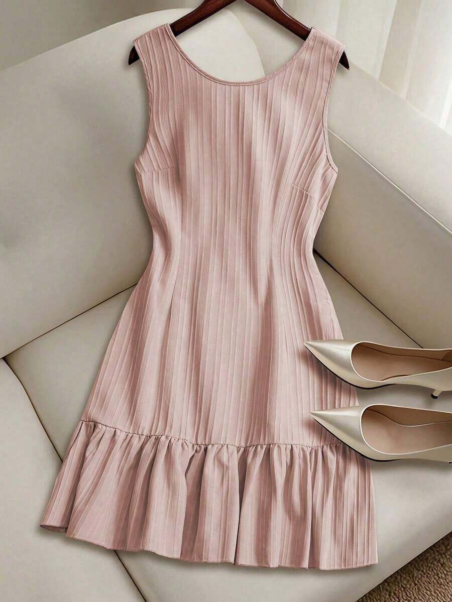 Vestido casual mini de mujer con tirantes de amarre, espalda descubierta, sin mangas, corte evasé y dobladillo con volantes - Rosa 2 - Ver 1
