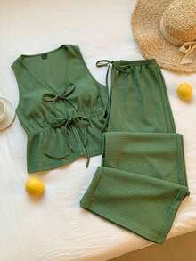 Conjunto de 2 piezas casual para mujer con top de cuello en V y pantalones en punto liso negro - Verde Oliva - Ver 4