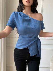 Blusa casual elegante de hombros con nudo, de corte slim para mujeres - Azul 2 - Ver 4
