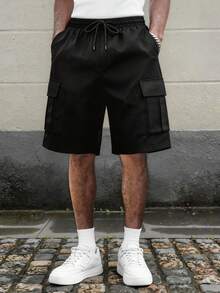HOMIIE Men's Black Cargo Shorts, Street Style Casual Multi-Pocket Elastic Waist Drawstring Bermuda Shorts, Suitable For Vacation, Daily Wear, Holiday Outfit - Black - View 4