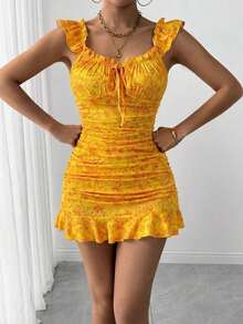 Vestido con estampado floral, volantes y bajo sexy para mujer - Naranja - Ver 7