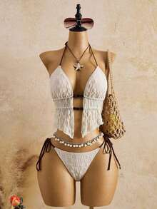 Bellisia Top de bikini de mujer de punto texturizado marrón con cuentas y piedras - Beis - Ver 1