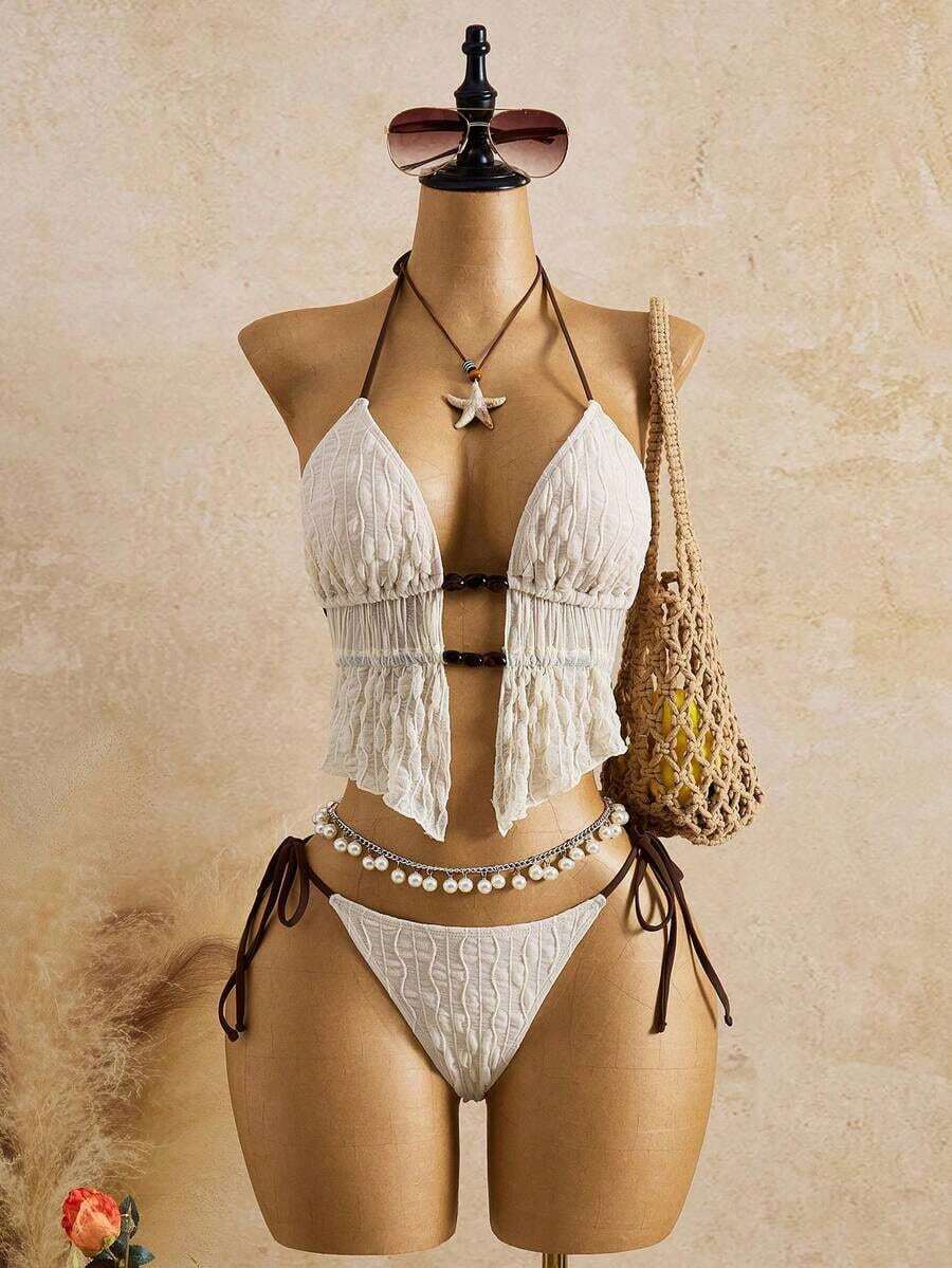 Bellisia Top de bikini de mujer de punto texturizado marrón con cuentas y piedras - Beis - Ver 1