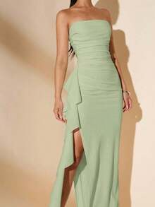 Vestido de dama de honor de boda de verano, vestido largo blanco con pliegues, abertura alta, volantes y tiras para fiesta, sin mangas y sin tirantes, sexy - verde menta - Ver 7