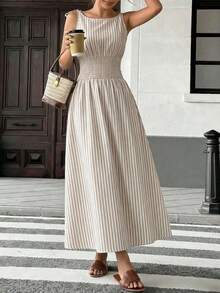 Vestido maxi a cuadros marrones 2026 para mujer, con tirantes de lazo y cintura fruncida con volantes, estilo minimalista casual y perfecto para vacaciones y uso diario - Multicolor 2 - Ver 5