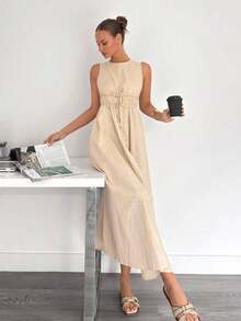 Vestido sin mangas de línea A de algodón y lino para mujer, primavera/verano - Albaricoque - Ver 4